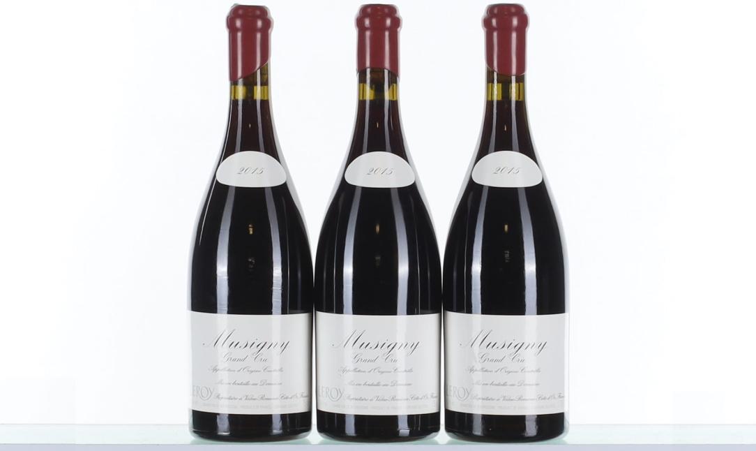 Three bottles of Domaine Leroy Musigny Grand Cru 2015