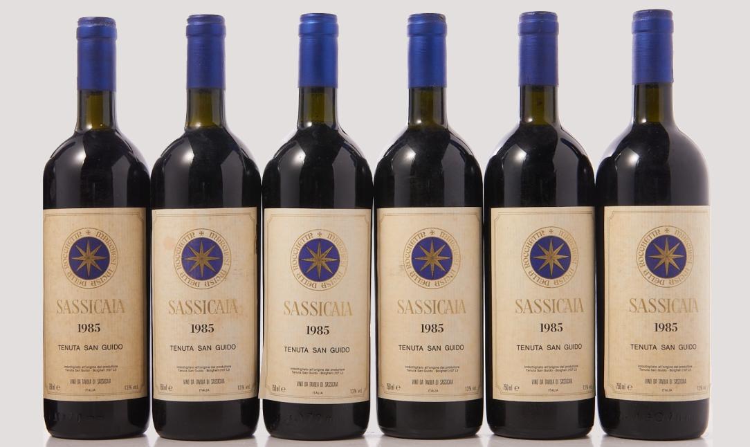 Six bottles of Sassicaia 1985 wine