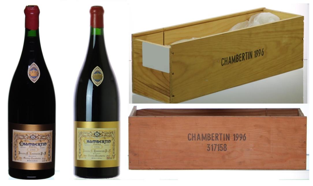 Two 300cl jeroboams of Rousseau Chambertin Grand Cru 1996 in wooden cases