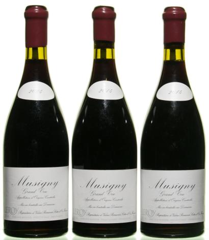 Three bottles of Domaine Leroy Musigny Grand Cru 2014