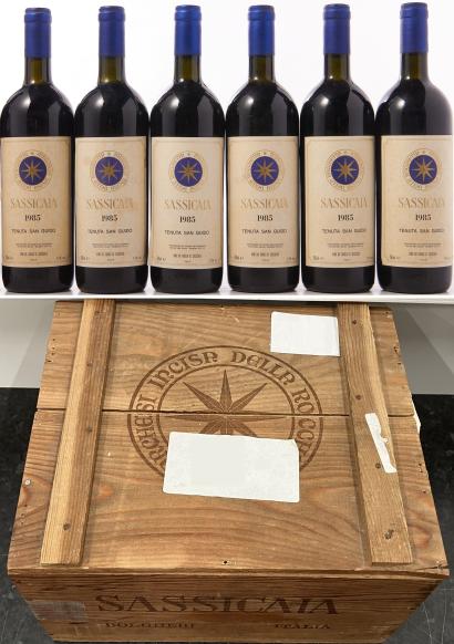 Six bottles with original wooden case of Sassicaia 1985 wine